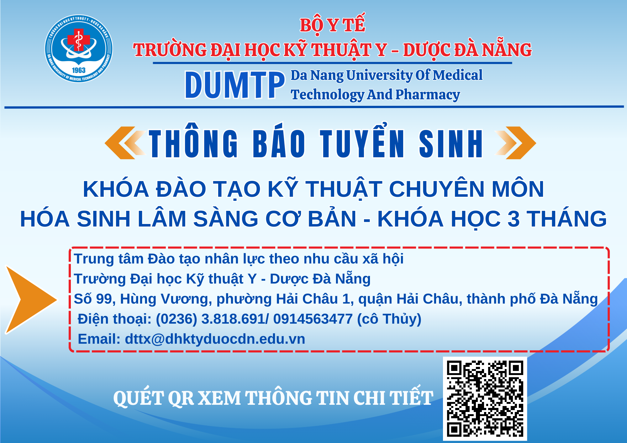 Tuyển sinh khoá Đào tạo kỹ thuật chuyên môn Hoá - Sinh lâm sàng cơ bản, khoá học 3 tháng